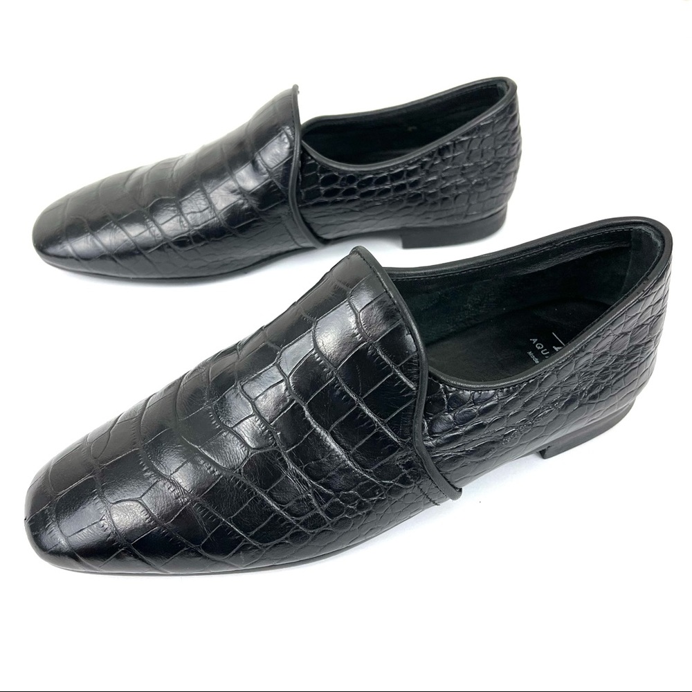 Aquatalia Revy Croc Embossed Black Leather Loafer Flats